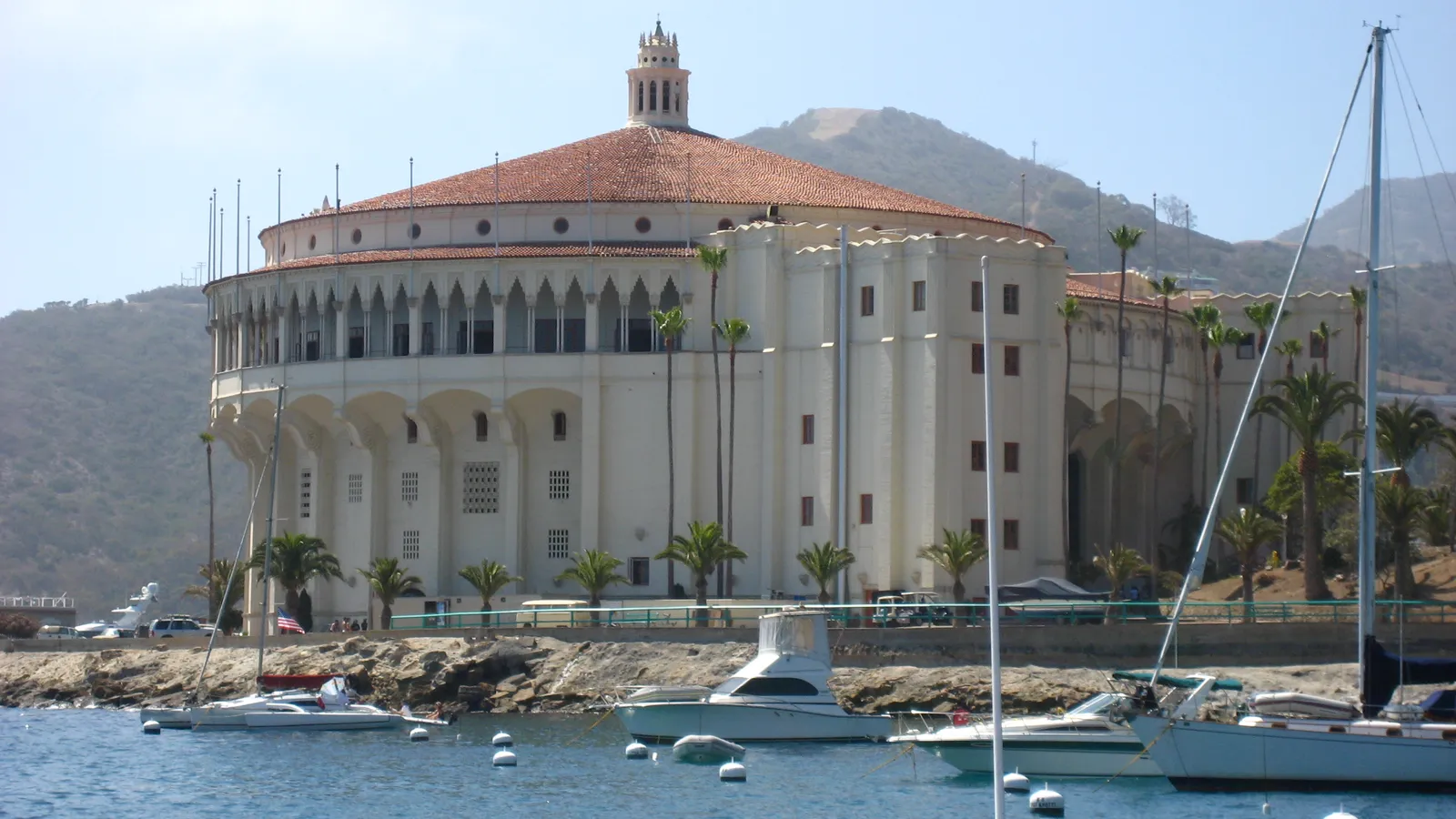 The round Catalina Casino building seen from the water in Descanso Bay