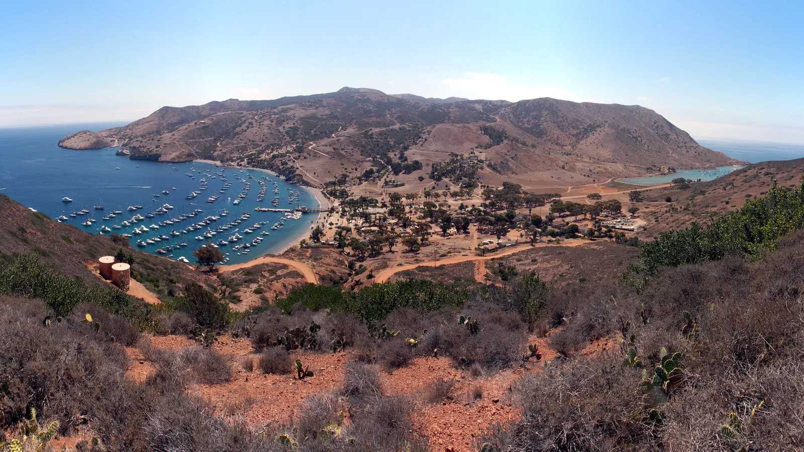 Two Harbors village and Isthmus Cove seen from the hills, with boats on moorings