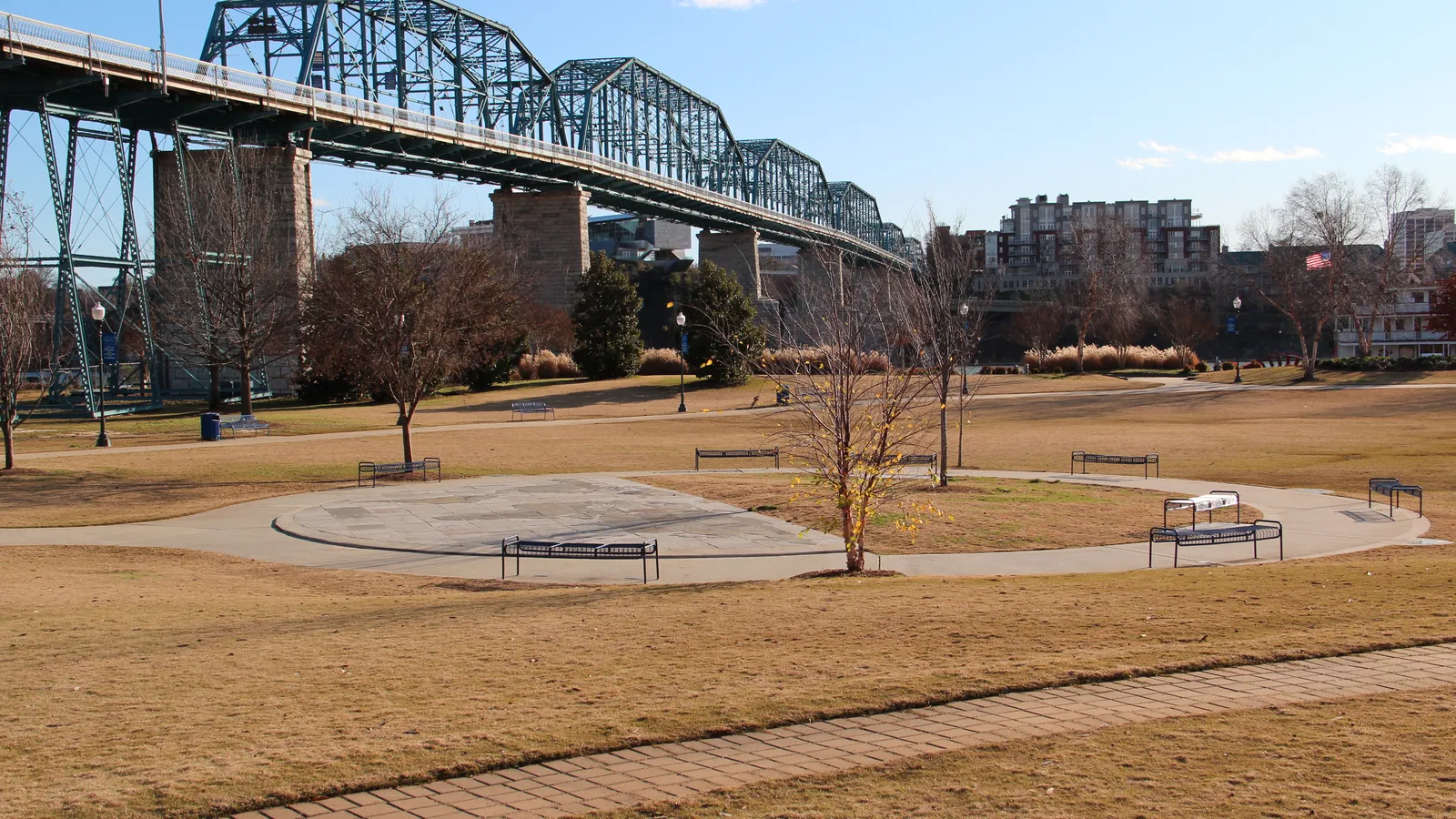 Coolidge Park on the north shore of the Tennessee River, with the Walnut Street Bridge behind