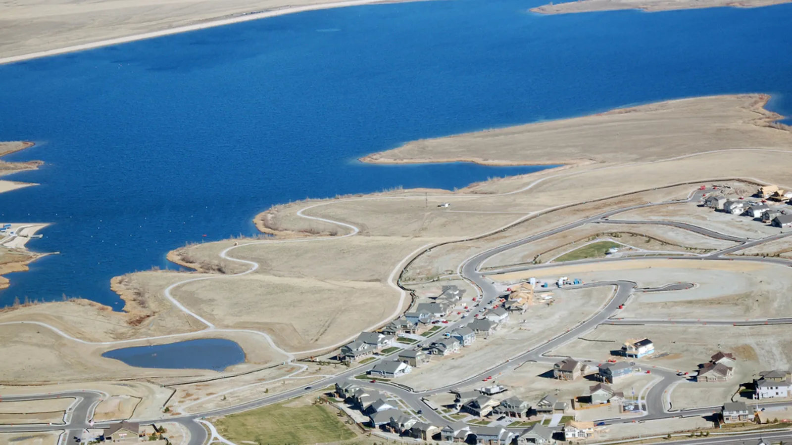 Aerial view of Aurora Reservoir's shoreline and coves