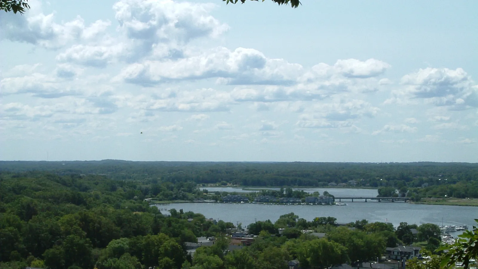 The Kalamazoo River, Kalamazoo Lake and downtown Saugatuck seen from the top of Mount Baldhead