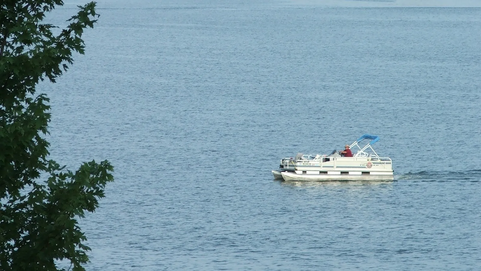 A pontoon boat cruising across Lake Jacomo, framed by trees