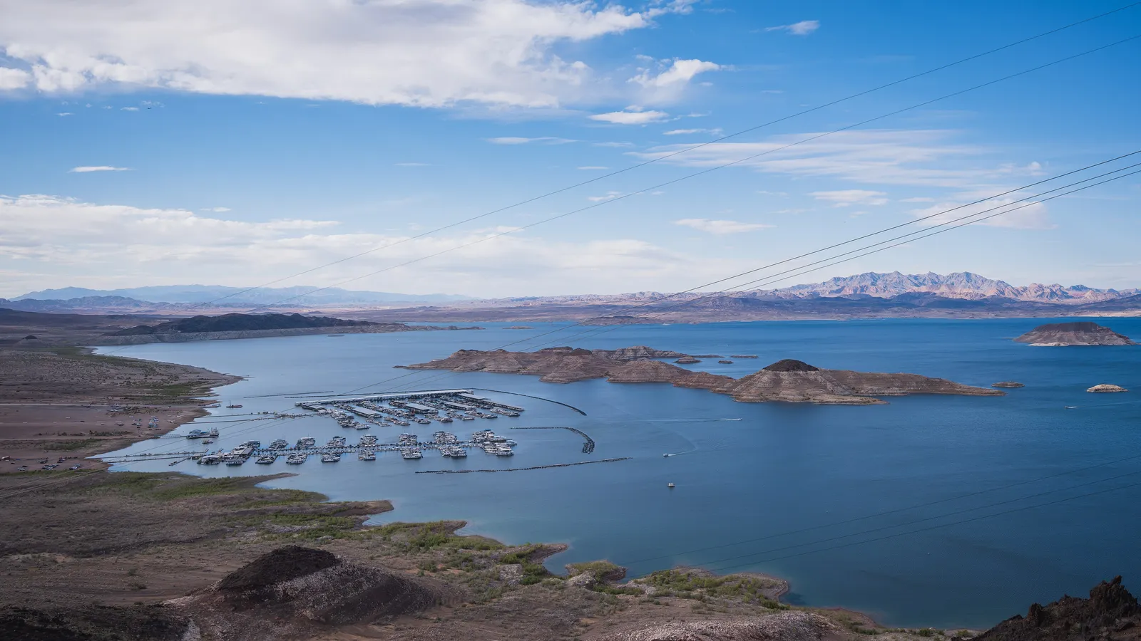 Boulder Basin of Lake Mead and a marina, seen from the hills above
