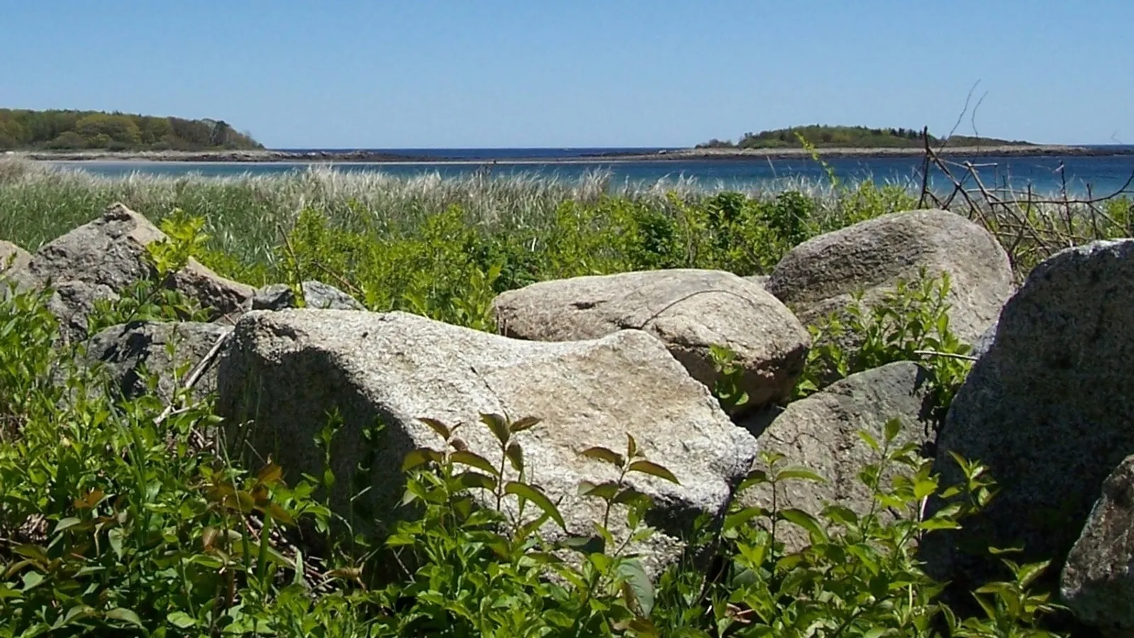 Granite boulders and beach grass above Goose Rocks Beach, with islands offshore