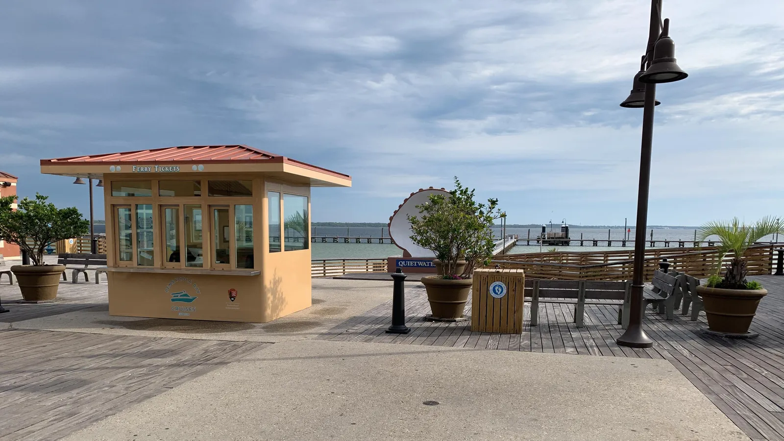The Quietwater Beach boardwalk on Pensacola Beach, with Santa Rosa Sound behind
