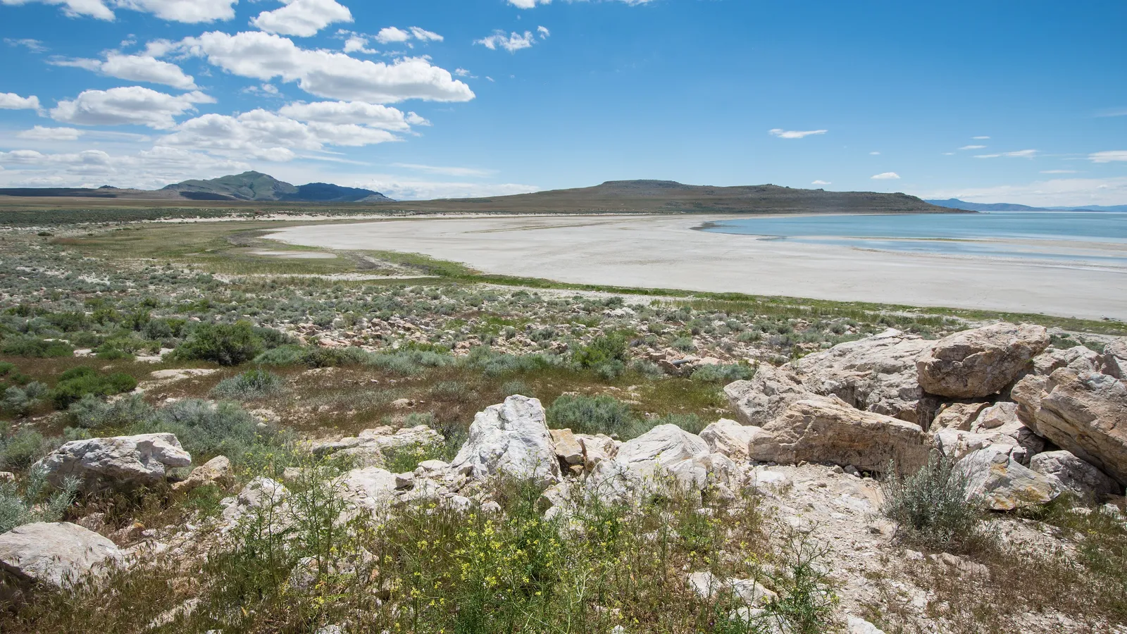 The white shoreline of Bridger Bay on Antelope Island, with the Great Salt Lake beyond