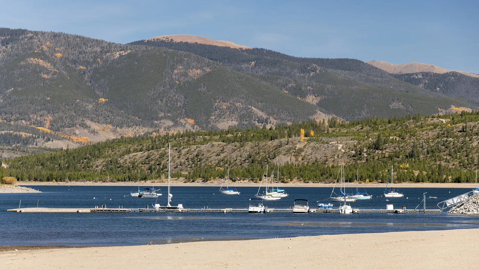 The sandy beach and boat docks at Frisco Bay Marina on Dillon Reservoir