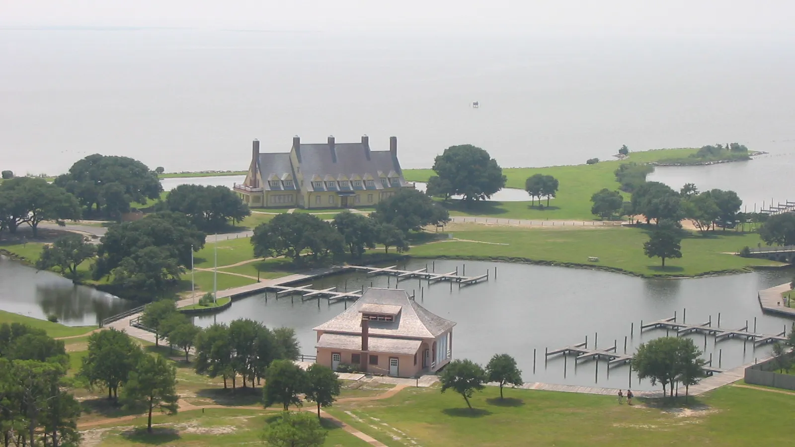 The Whalehead Club and its boat basin on the Currituck Sound in Corolla