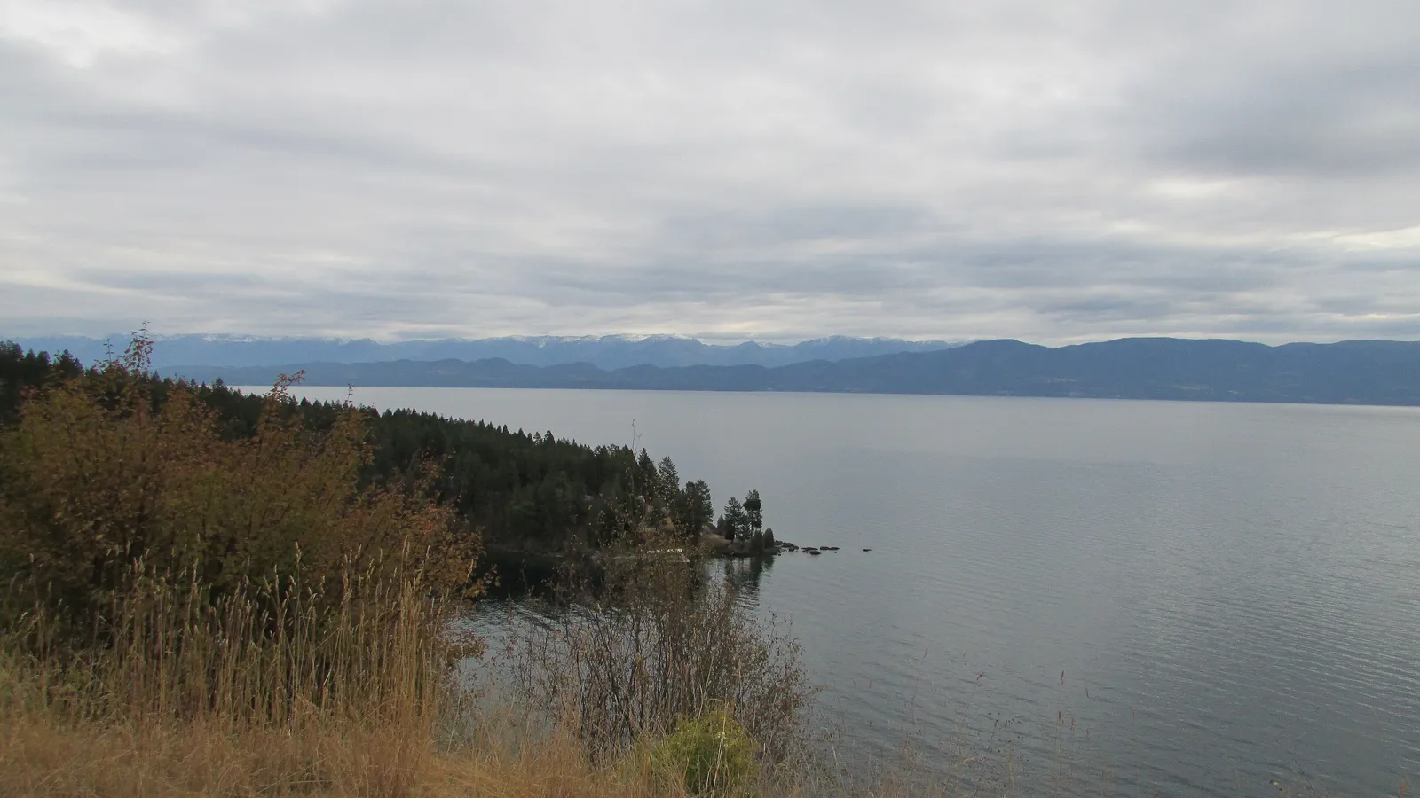 Flathead Lake and the mountains beyond, seen from the Deep Bay overlook on US 93