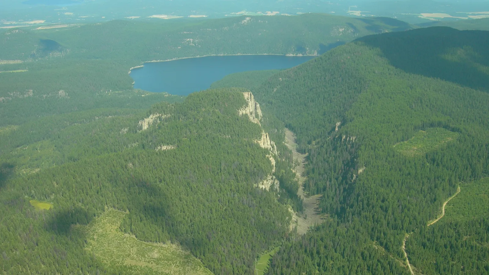Tally Lake and Tally Gorge seen from the air, surrounded by forest