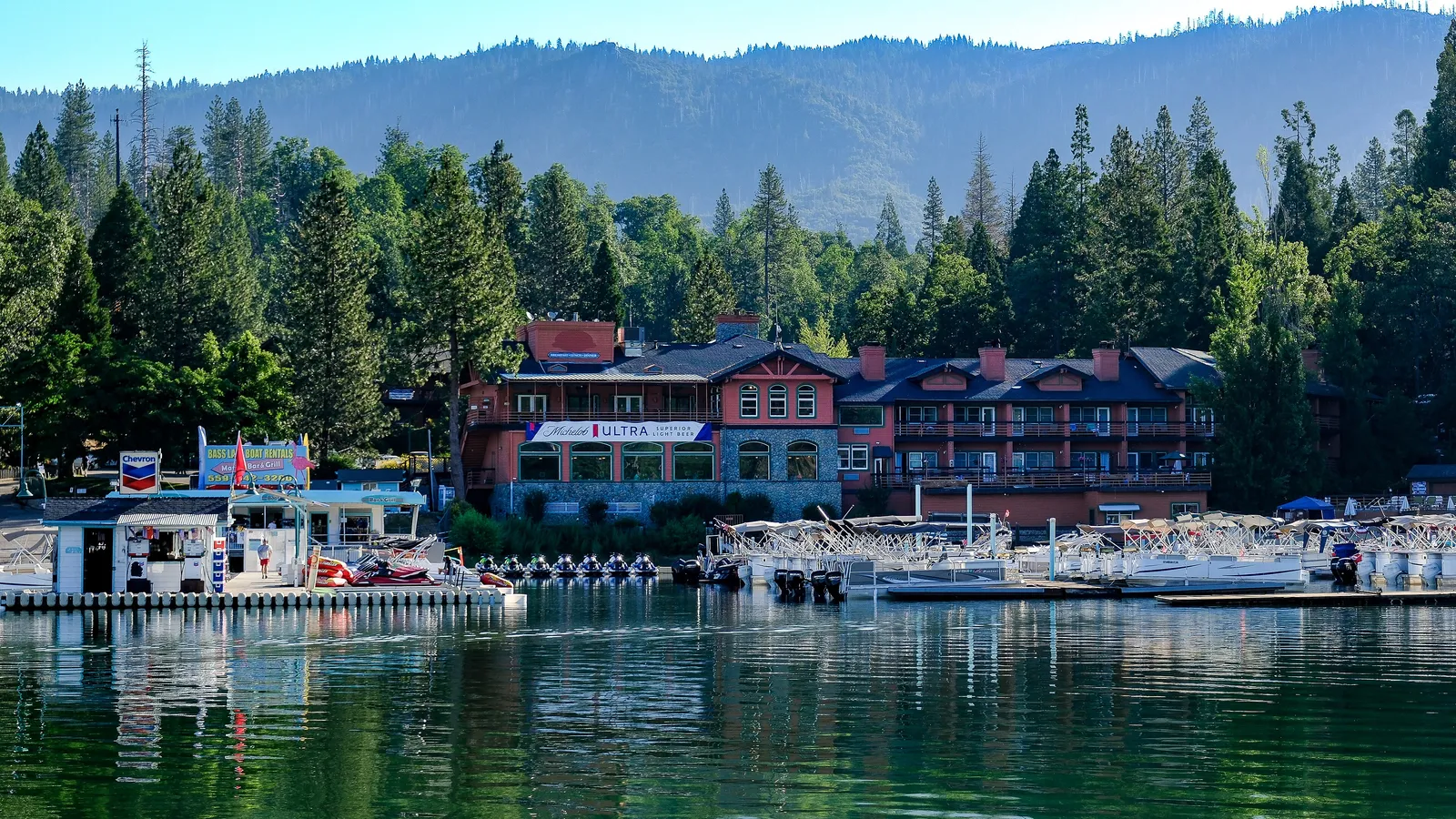 The lodge and marina at Ducey's on the Lake on the north shore of Bass Lake