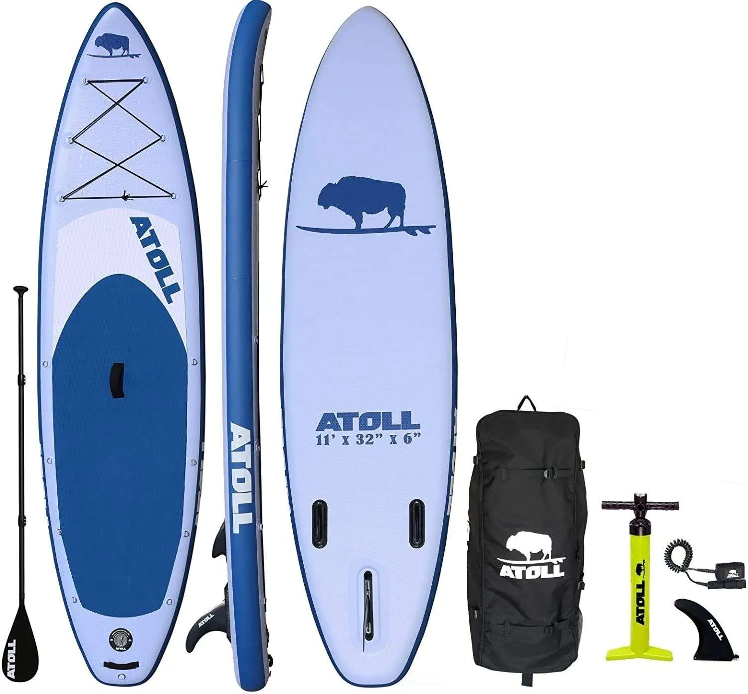 An earlier Atoll 11' x 32" x 6" inflatable paddle board package