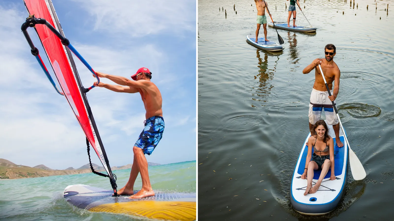 A paddle board and a windsurf board side by side