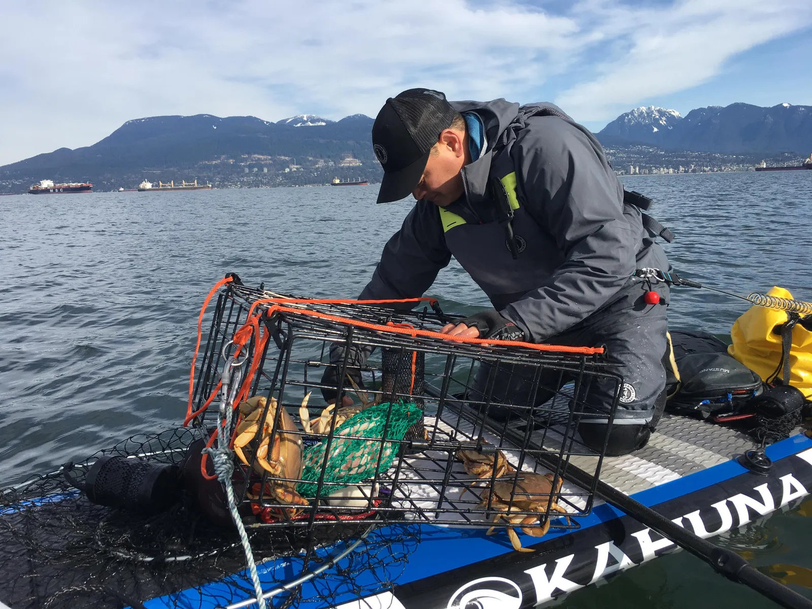 Paddle boarder crabbing with a trap on the board